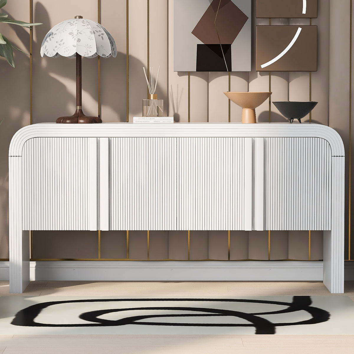 variant-group:rf-n711p415846k|Roomfitters Modern Rustic White Curved Wave Pattern Console Table with Adjustable Storage Shelf and Elegant Wooden Handles
