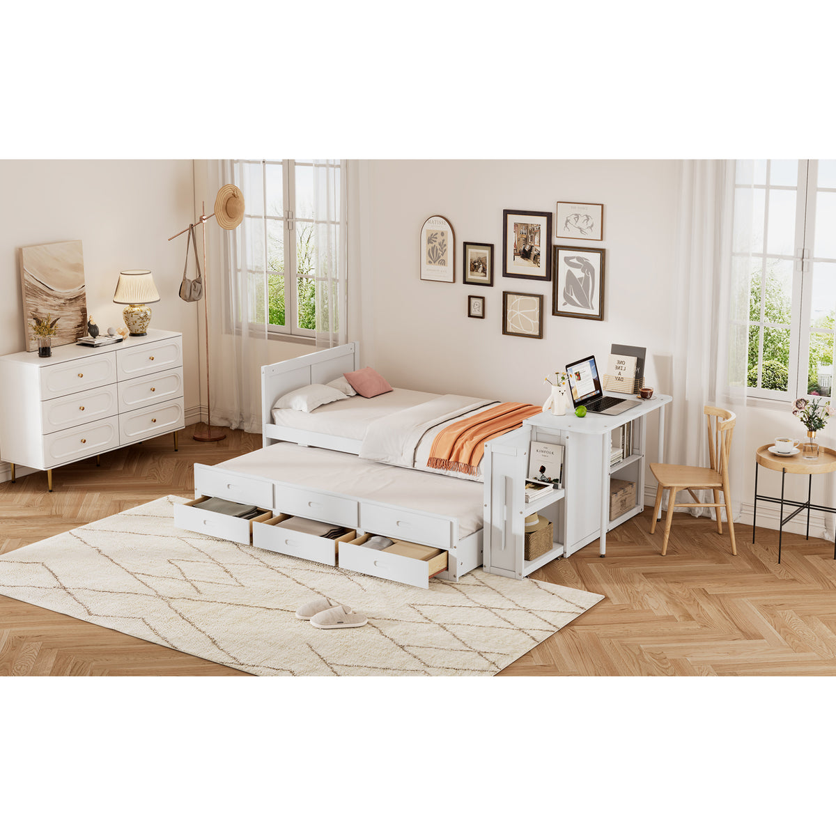 variant-group:rf-n733s212832k|Roomfitters Twin Size Multifunctional Wood Platform Bed with Desk and Storage Shelf, Built-in Trundle and Storage, White