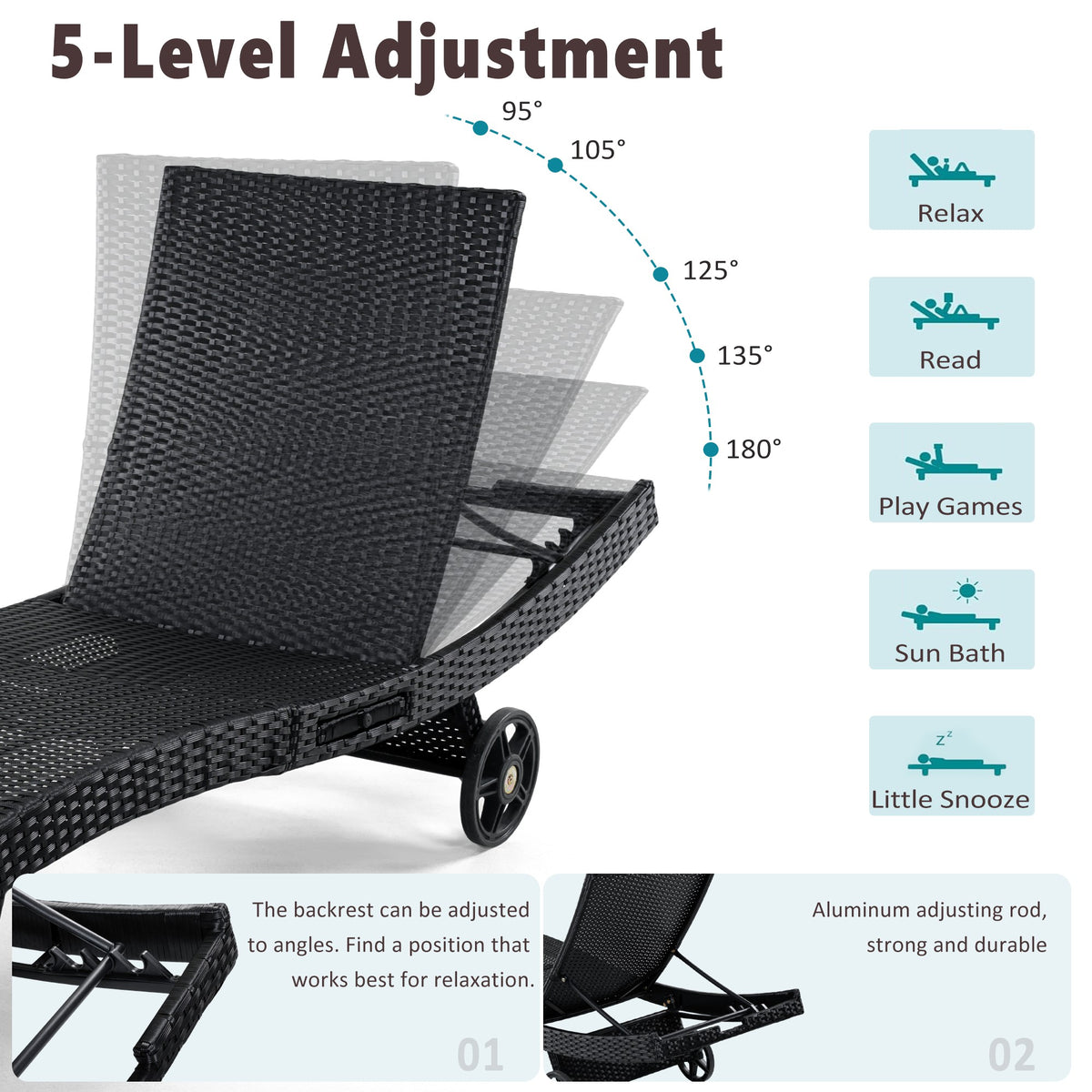 variant-group:rf-n707p395515b|Roomfitters 80"W Patio Chaise Lounge Chairs Set of 2 with Wheels, Folding Table, Adjustable Rattan Loungers, Black