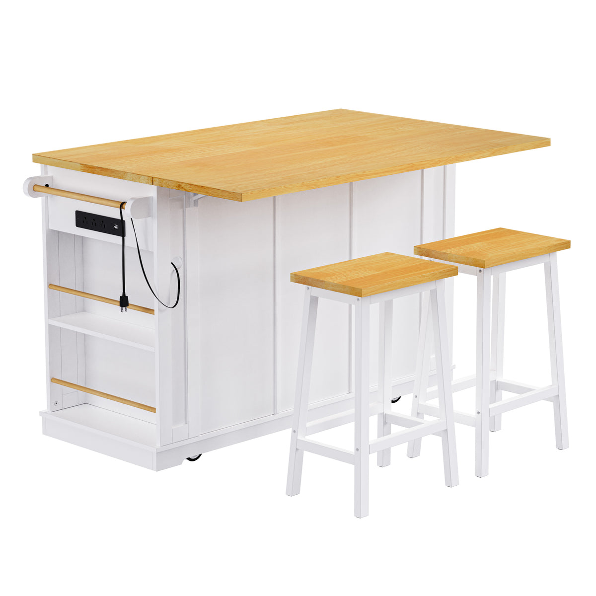 variant-group:rf-n707s003007w|Roomfitters 53" Kitchen Island with 2 Bar Stools, Drop Leaf, Power Outlet, Rolling Kitchen Cart Set with Storage, White