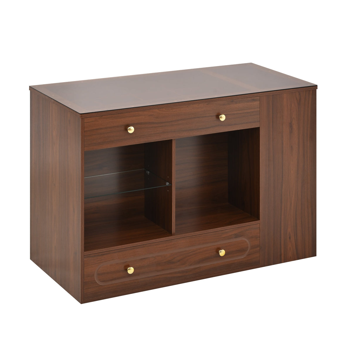 Roomfitters Closet Island with 6 Drawers, Glass Display Top and Open Shelves, Wardrobe Storage and Jewelry Vanity, Walnut
