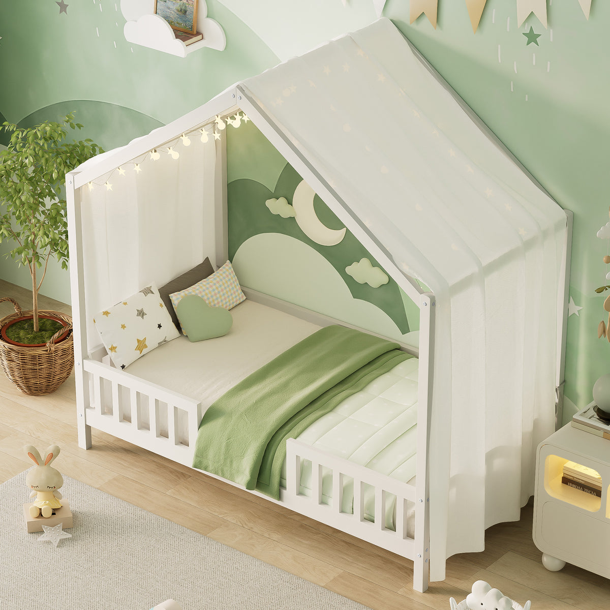 variant-group:rf-n733p356043k|Roomfitters Twin Montessori Floor Bed with Canopy, House Shape Wood Frame with Safety Rails, Youth Platform Bed, White