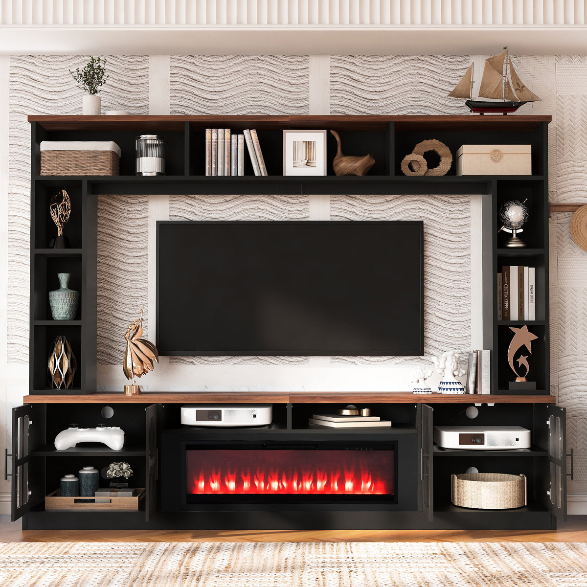 variant-group:rf-n724sj000159aab|Roomfitters 95.5"W Large Wall Unit Entertainment Center, 39" LED Fireplace, Black & Brown