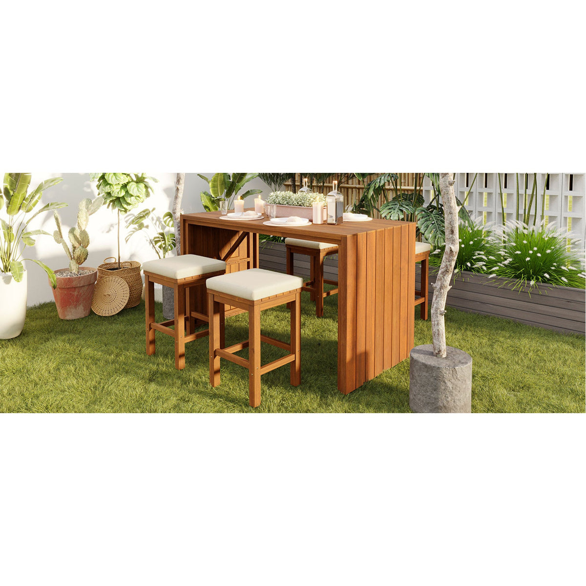 Roomfitters 5 Piece Outdoor Bar Set with High Top Dining Table and 4 Cushioned Backless Stools, Patio Furniture, Beige+Natural Roomfitters