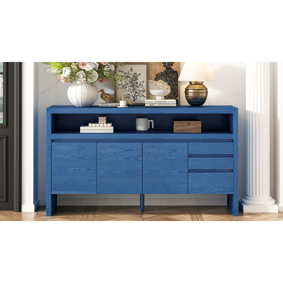 variant-group:rf-n711p289141v|Roomfitters 60" Modern Solid Wood Veneer Sideboard with 3 Doors & 3 Drawers, Open Shelf & Cable Cutout, Large Storage Cabinet for Dining, Hallway, Living Room, Navy Blue