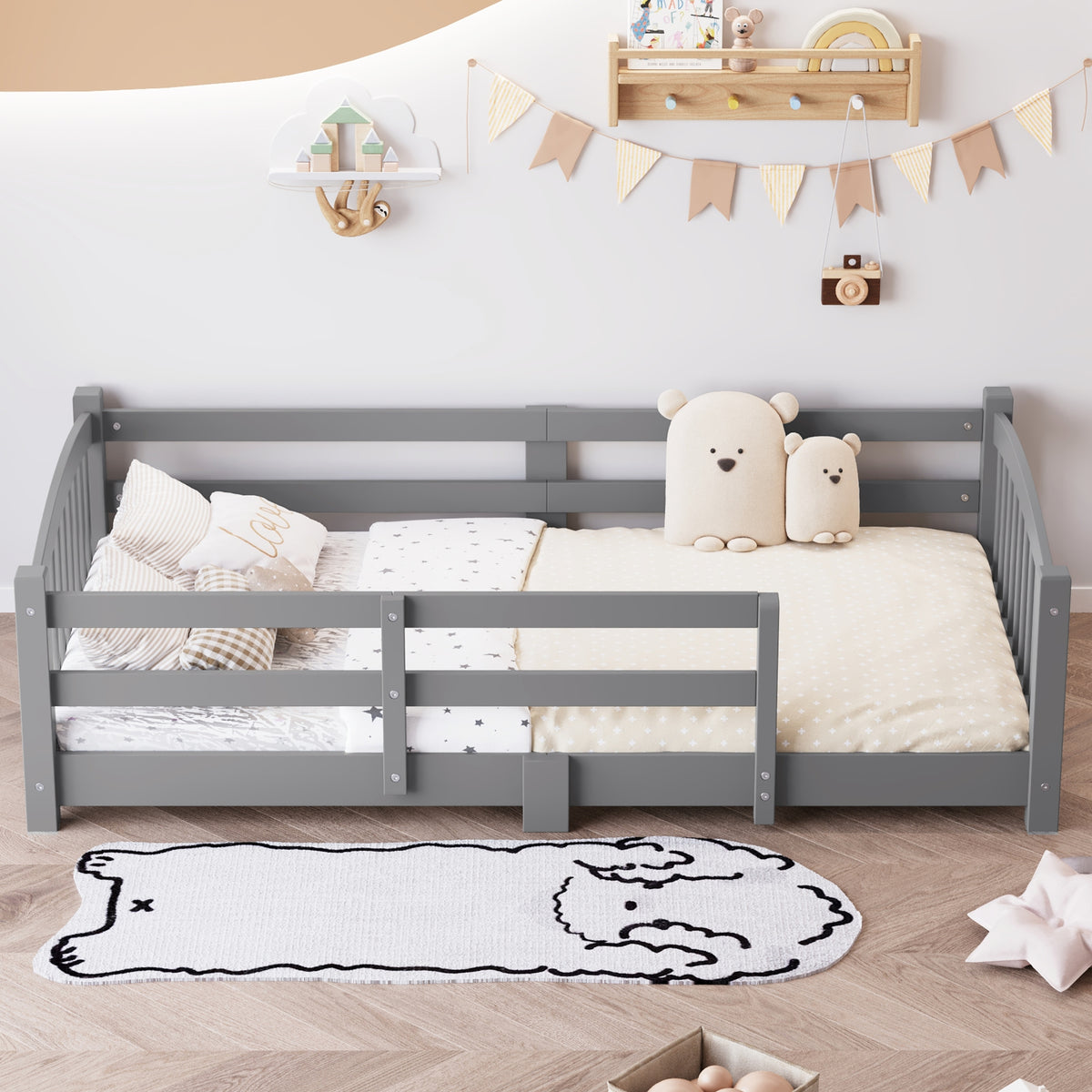 variant-group:rf-n733p400298e|Roomfitters Twin Montessori Floor Bed with Guardrails, Solid Wood Low Platform Bed with Slats, Easy Assembly, Gray