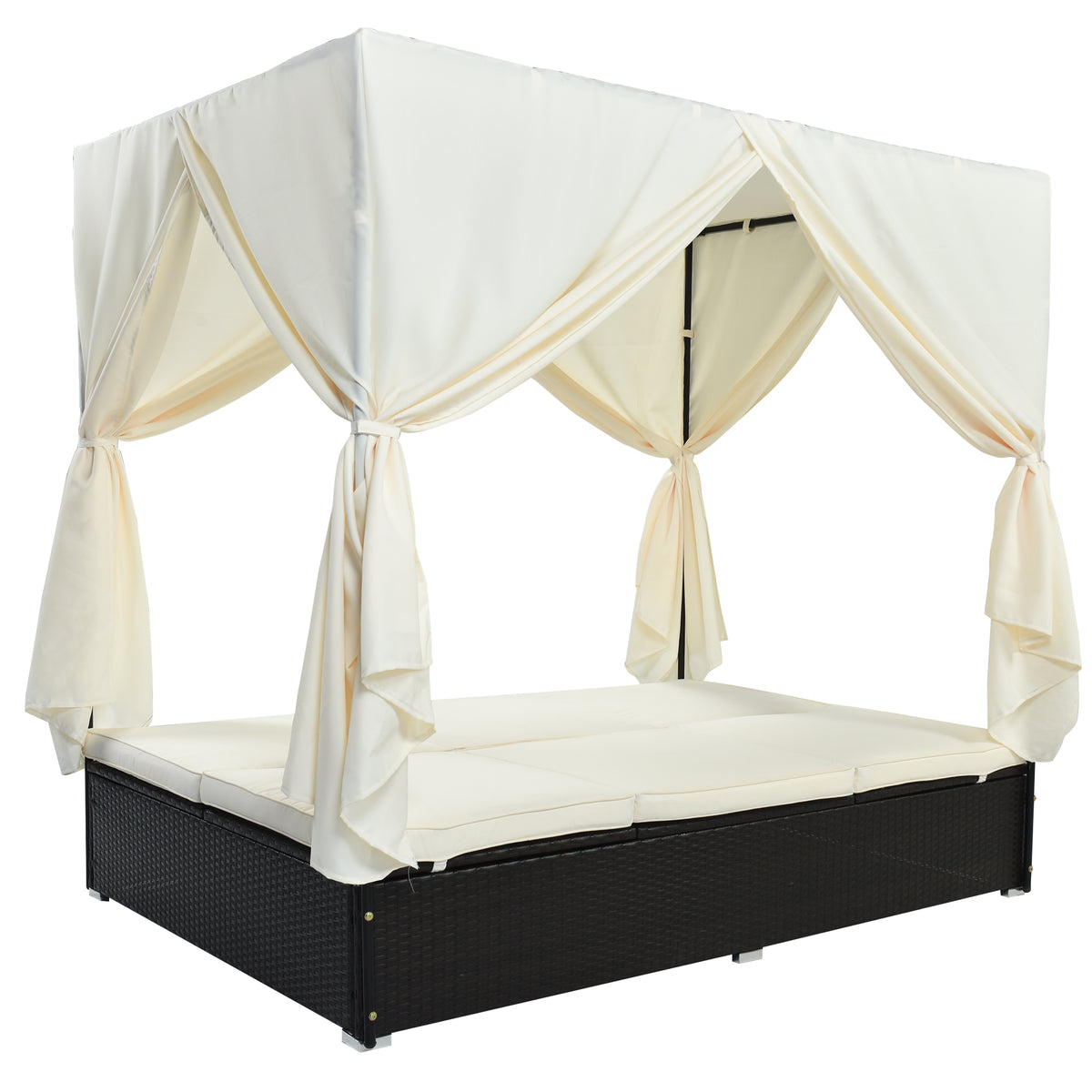 variant-group:rf-n711wy000476aak|Roomfitters Luxury Cabana Beige Outdoor Double Chaise Lounge Patio Daybed, Privacy Curtains, Adjustable Reclining