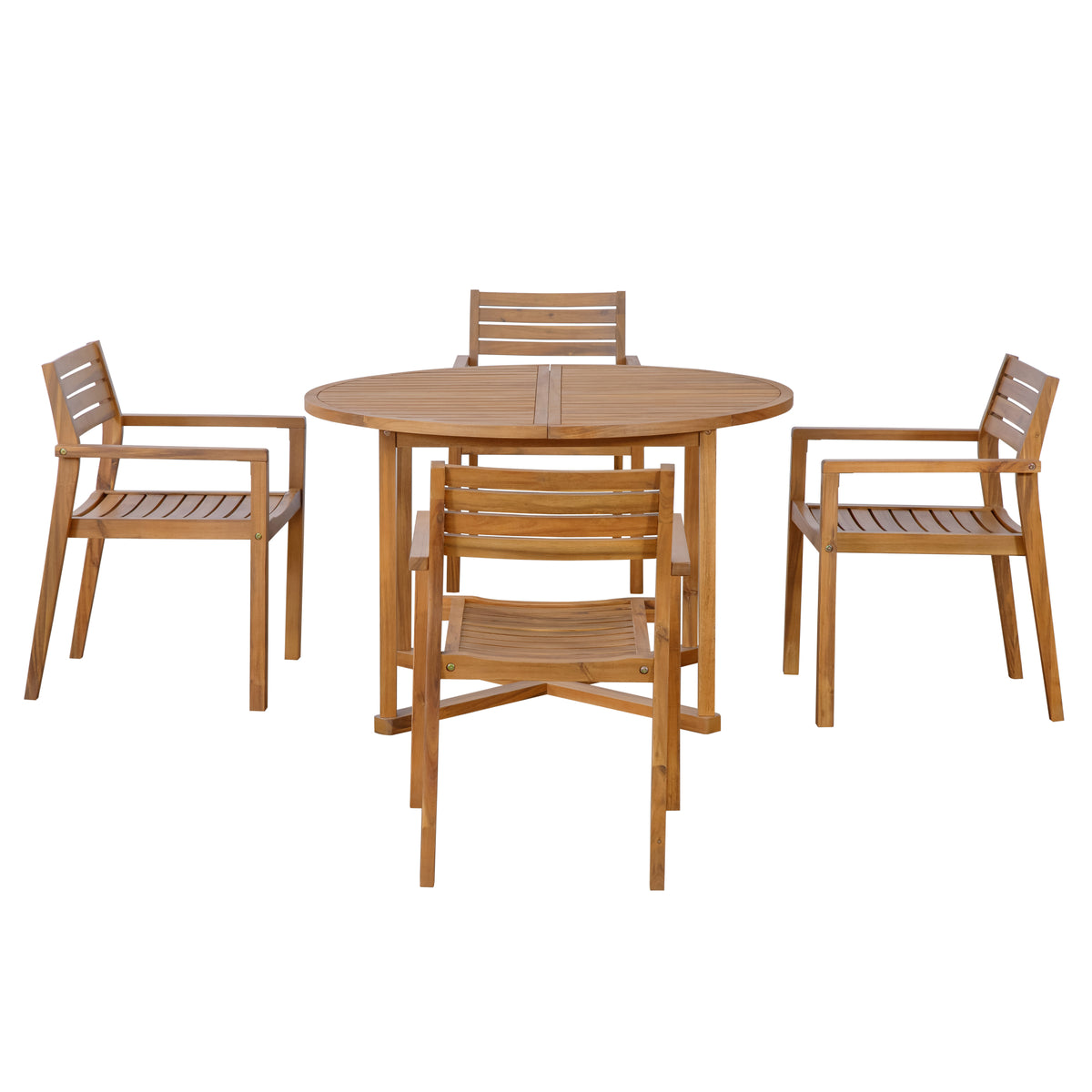 variant-group:rf-n711wy000475aao|Roomfitters 5-Piece Outdoor Dining Set for 4, 47.2-Inch Round Acacia Wood Table, Natural Brown Slatted Patio Group