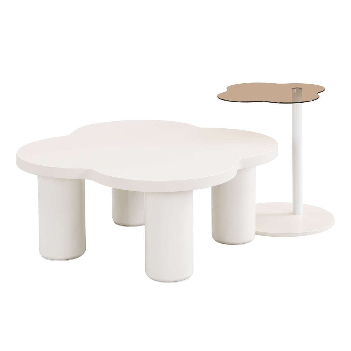 Roomfitters Modern Coffee Table Set of 2 with Irregular Shape and Glass End Table, Roman Column Legs, White Roomfitters