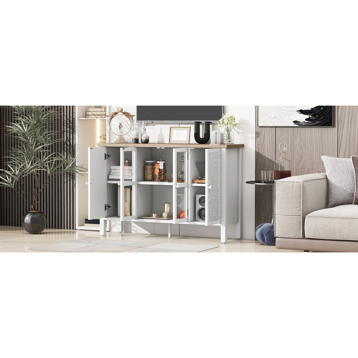 Roomfitters Retro TV Stand for up to 43 Inch TV, Media Console with Glass Cabinet Doors and Anti-Tip Safety Feature, White Roomfitters