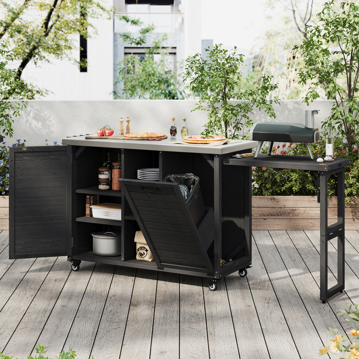 variant-group:rf-n707p370276b|Roomfitters 78.3" Outdoor Kitchen Island with Foldable Grill Table, Stainless Steel Top & Tilt Trash Can Storage, Black