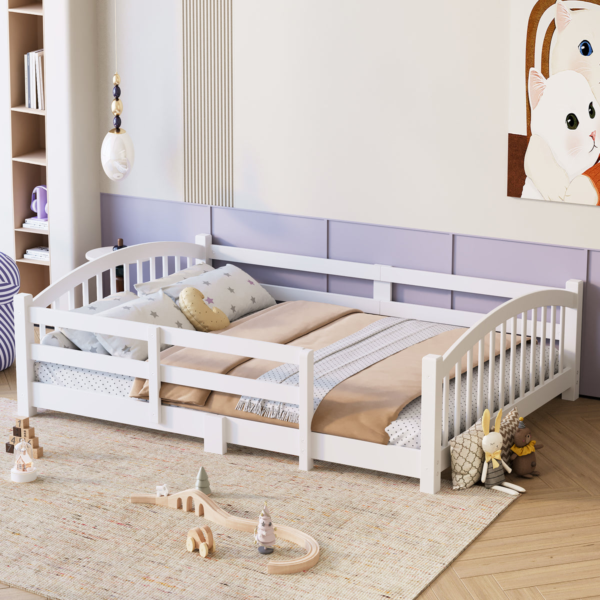 variant-group:rf-n733p400299k|Roomfitters Full Montessori Floor Bed with Guardrails, Solid Wood Low Platform Bed with Slats, Easy Assembly, White