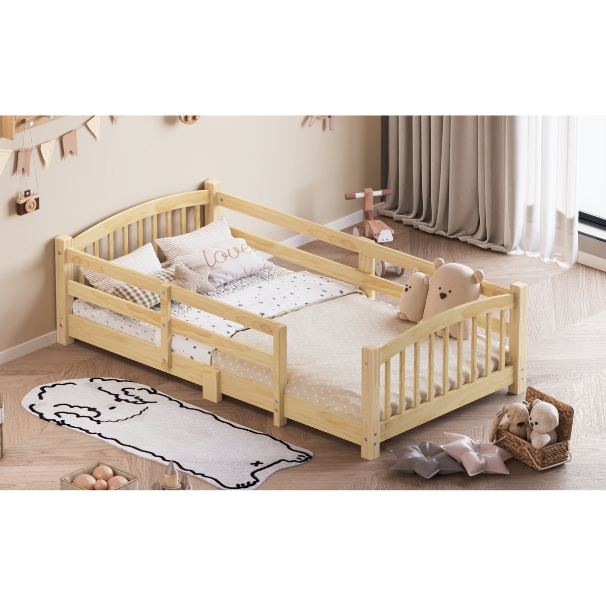 variant-group:rf-n733p400298n|Roomfitters Twin Montessori Floor Bed with Guardrails, Solid Wood Low Platform Bed with Slats, Easy Assembly, Natural