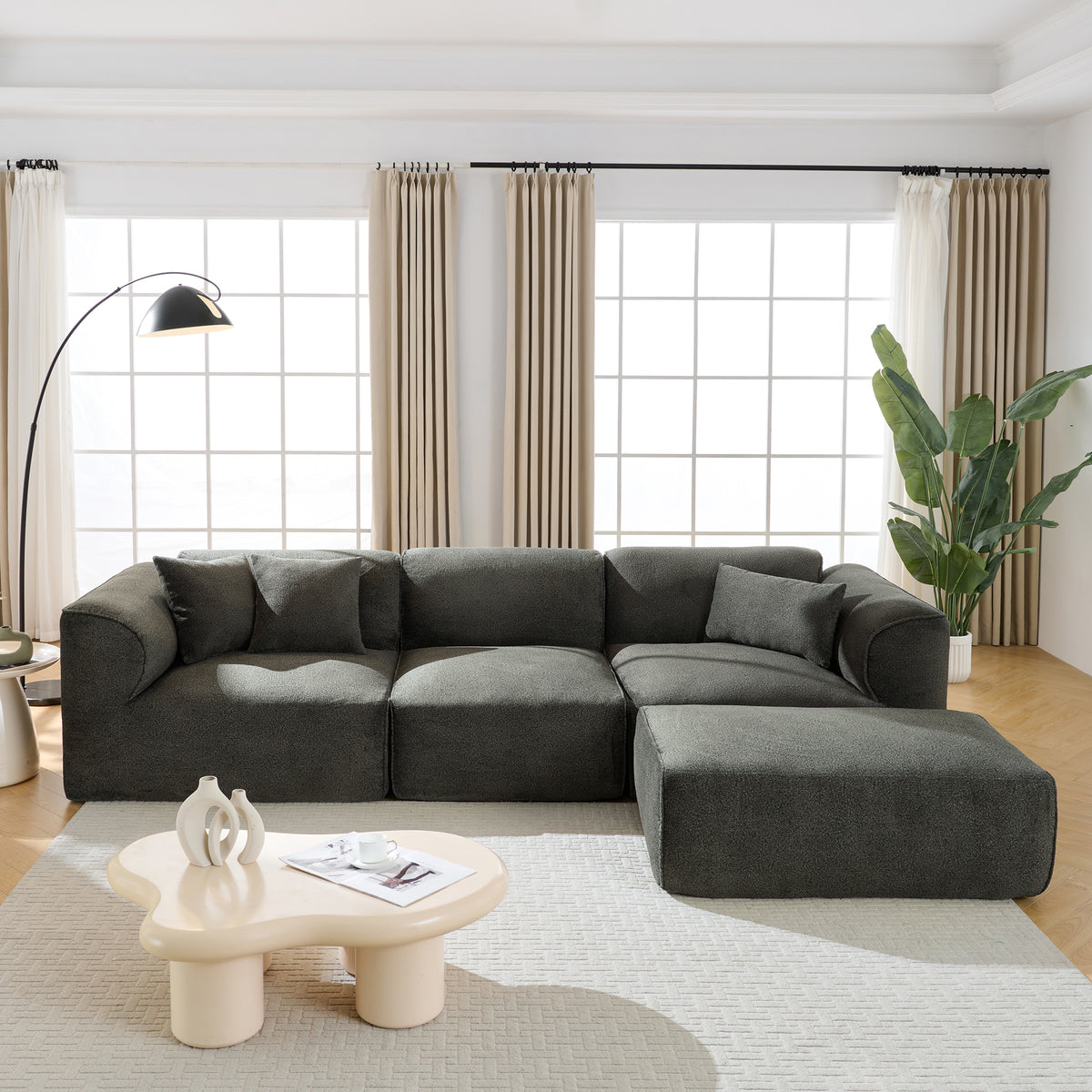 variant-group:rf-n711wy000450aac|Roomfitters Modern Velvet Sectional Sofa with Detachable Ottoman, 4-Seater Couch with Pillows for Living Room, Grayish Green