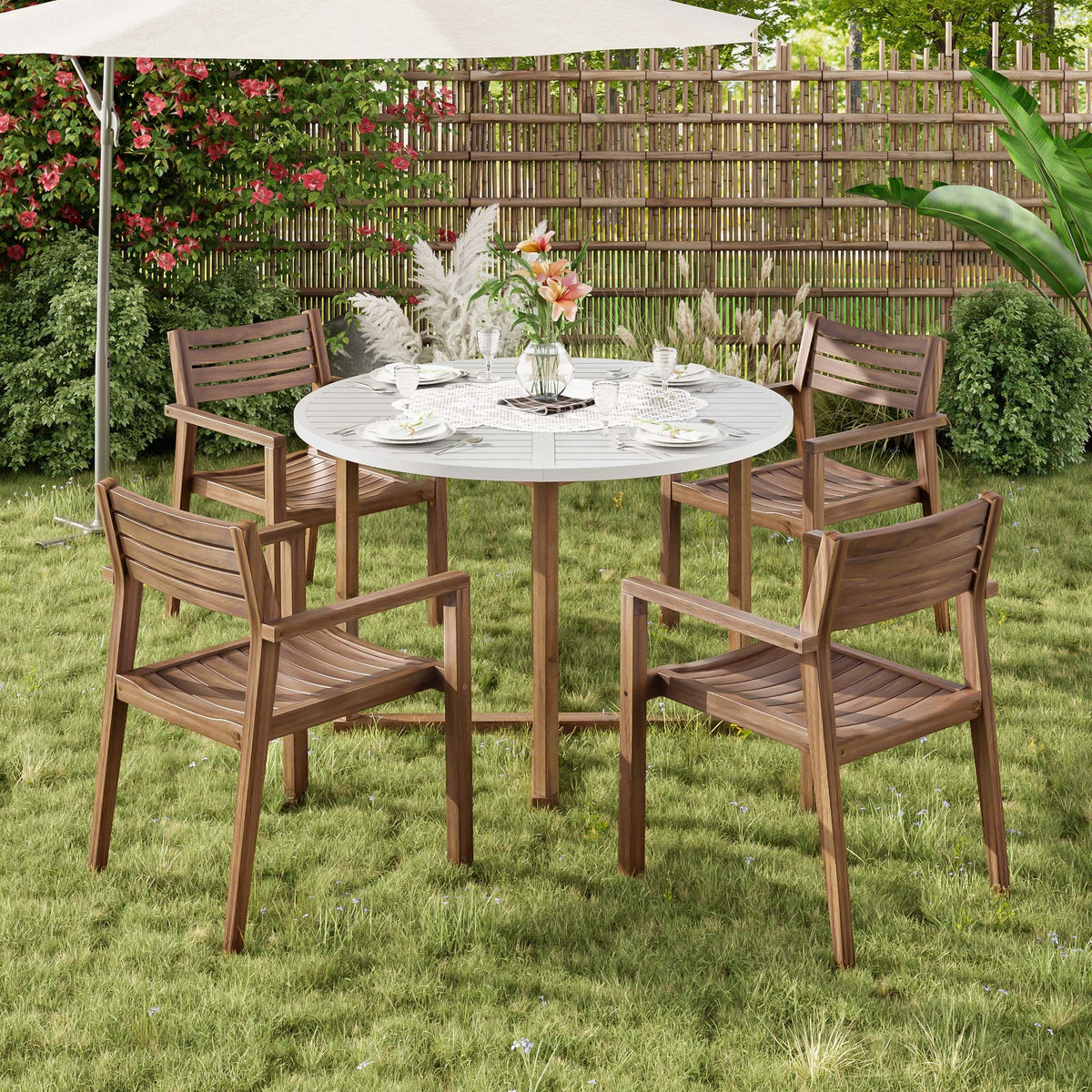 variant-group:rf-n711wy000475aad|Roomfitters 5-Piece Outdoor Dining Set for 4, 47.2-Inch Round Acacia Wood Table, Light Grey Slatted Patio Group