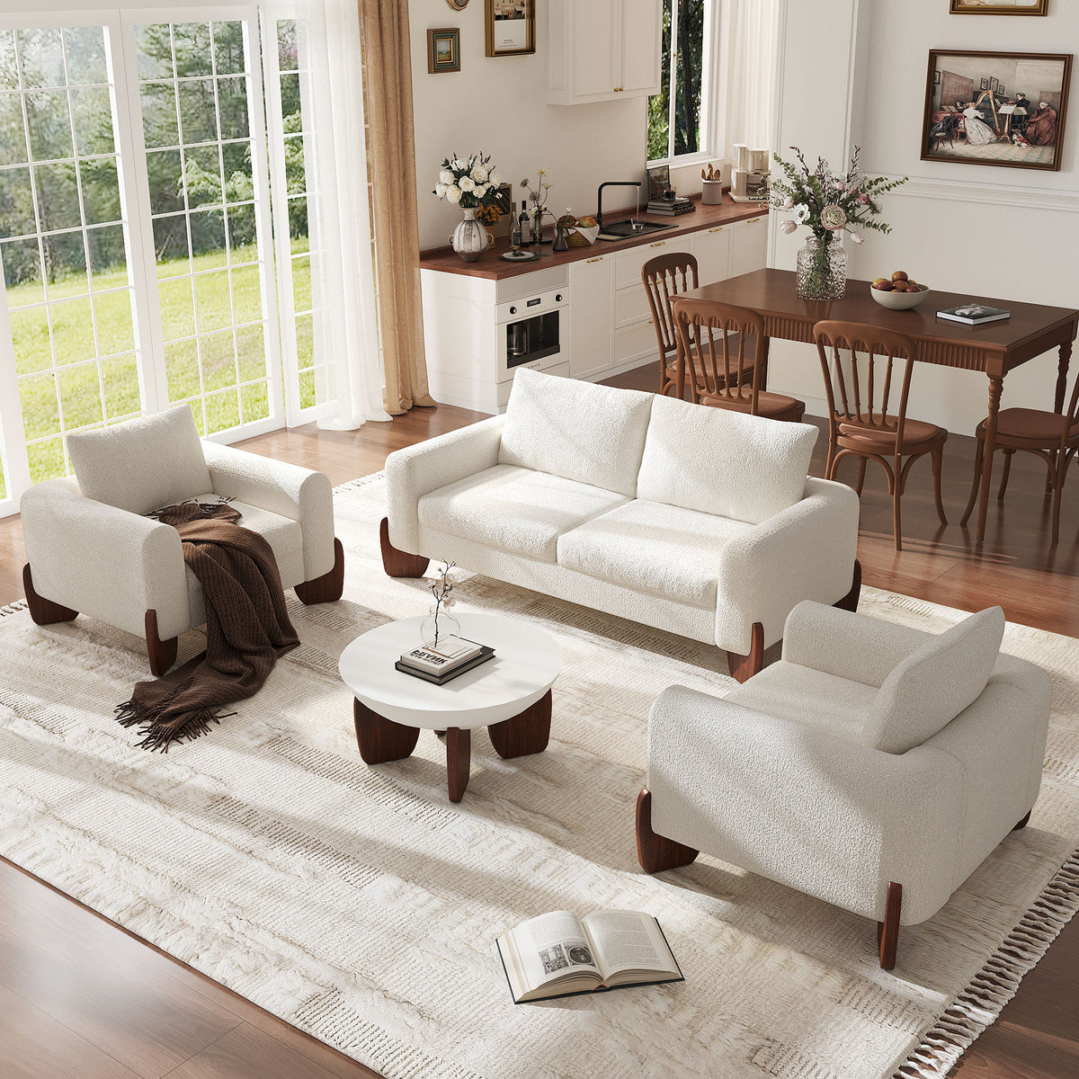 variant-group:rf-n711wy000479aaa|Roomfitters Modern 3-Piece Living Room Sofa Set, Bouclé Fabric Loveseat and 2 Armchairs Pack, Beige Pinewood Lounge