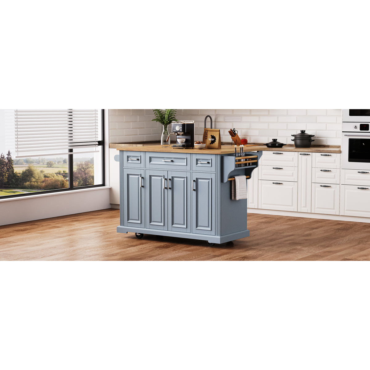 variant-group:rf-n707s195395g|Roomfitters 54" Kitchen Island with Wood Top, Rolling Storage Cabinet with 3 Drawers and 3 Doors, Spice Rack, Grey+Blue