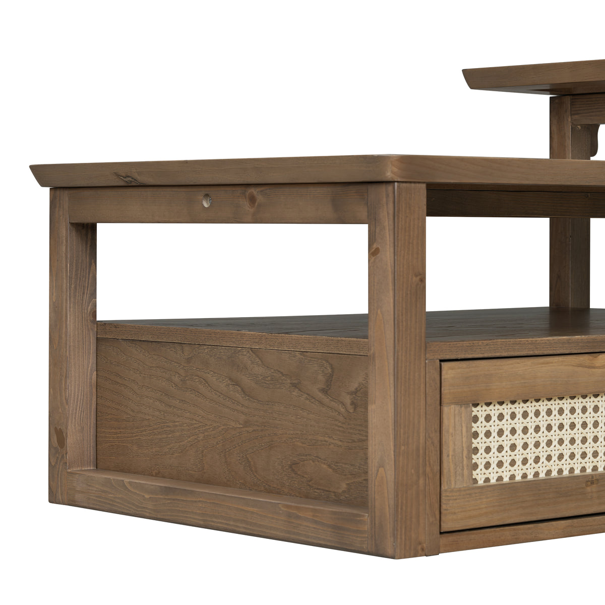 variant-group:rf-n724p232190d|Roomfitters Modern Coffee Table with Open Shelf, Dual Tabletops and Rattan Accent Storage, Walnut