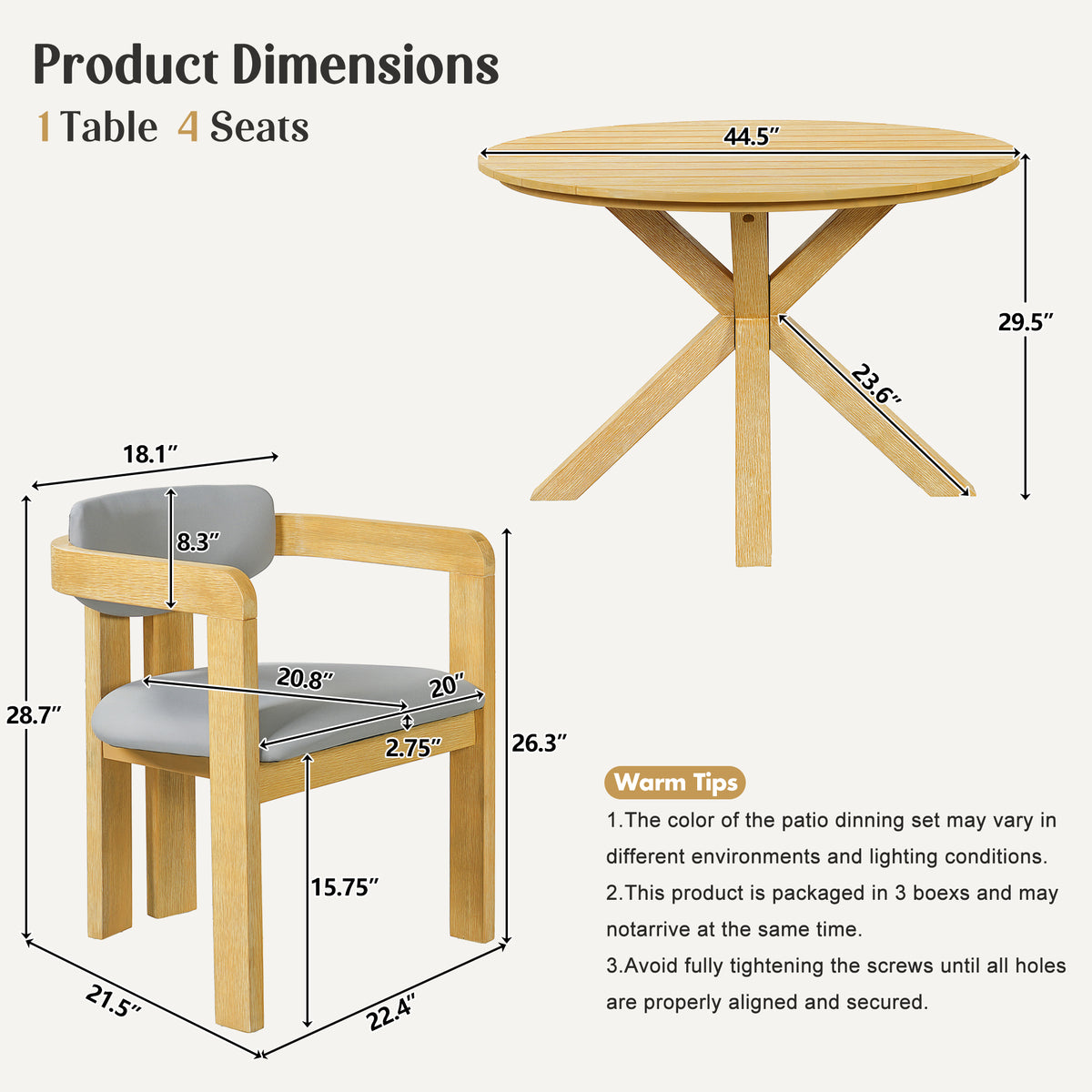 variant-group:rf-n704g201258l|Roomfitters 5-Piece Outdoor Acacia Wood Round Dining Set with Ergonomic Barrel Armchairs Gray Cushions