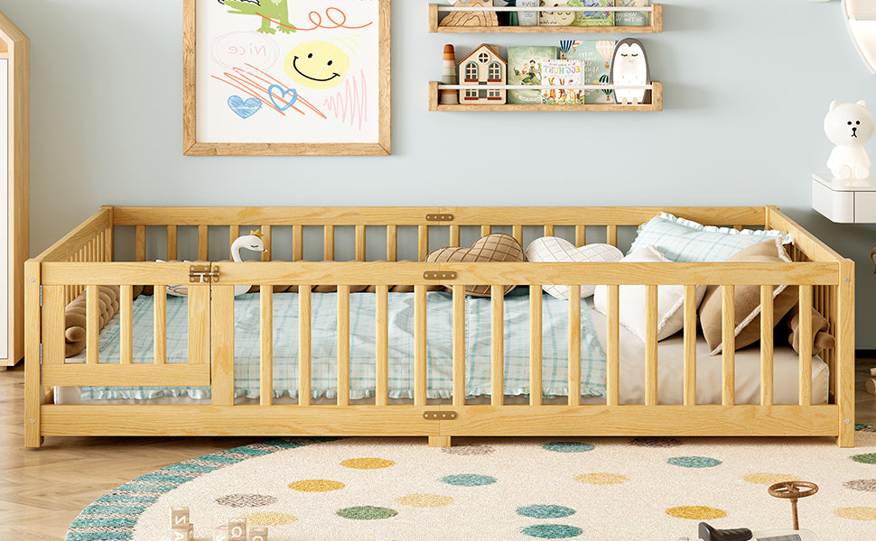 variant-group:rf-w1580p338954|Roomfitters Wooden Queen Floor Bed Frame with Door & Safety Guardrails, Low Platform Design for Bedroom or Playroom, Natural