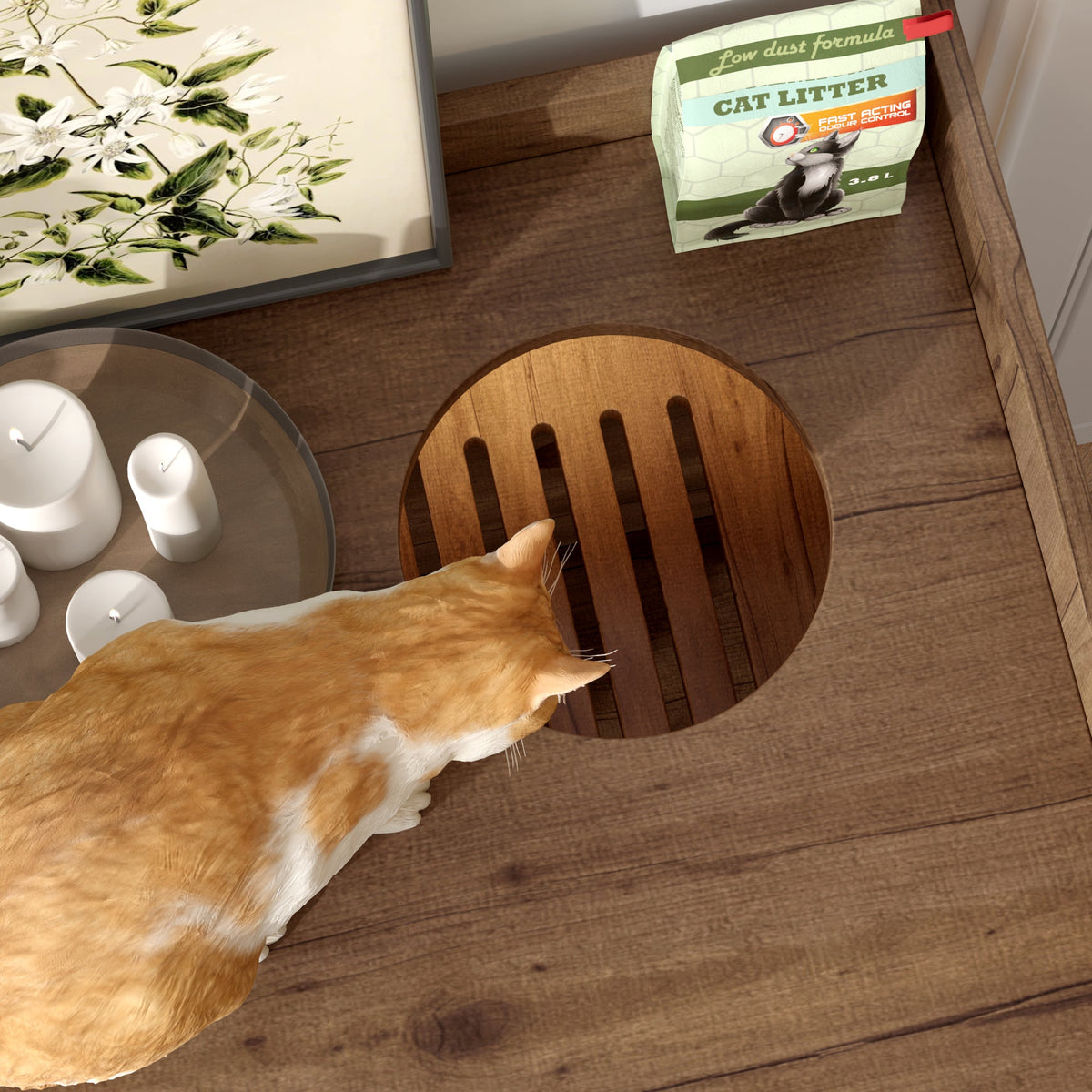 Roomfitters Luxury Cat Litter Box Enclosure Furniture Side Table Cabinet with Deep Cleaning Drawer White Brown Roomfitters