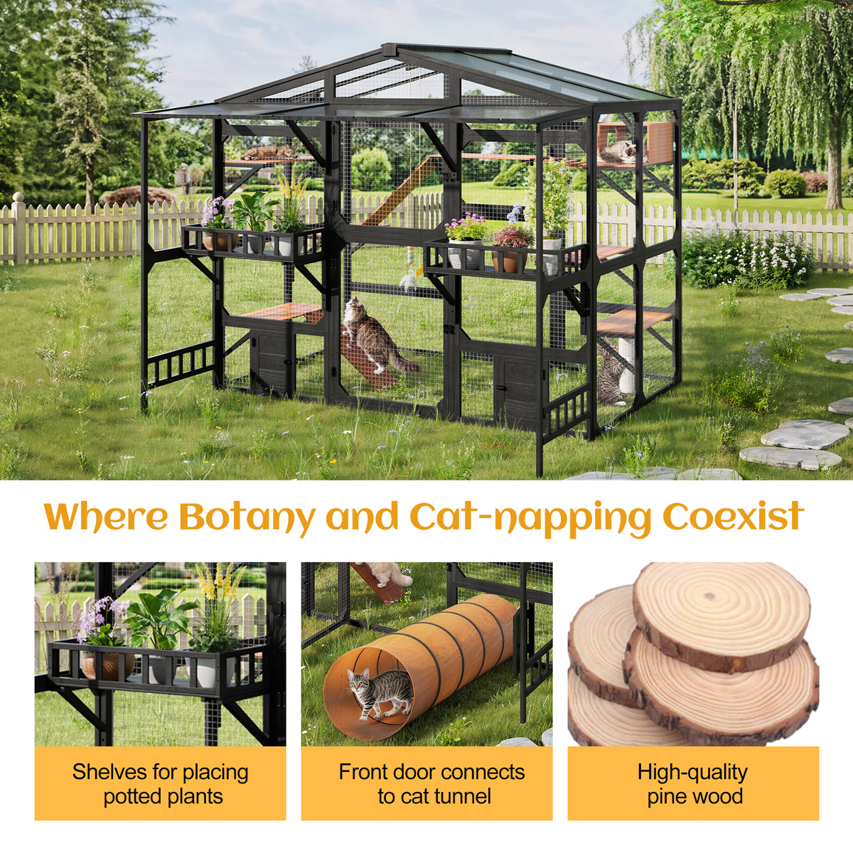 variant-group:rf-n704g201620b|Roomfitters Extra Large Wood Catio Cat Cage Outdoor Kennel with Transparent Sunroof and Dual Storage Shelves Black