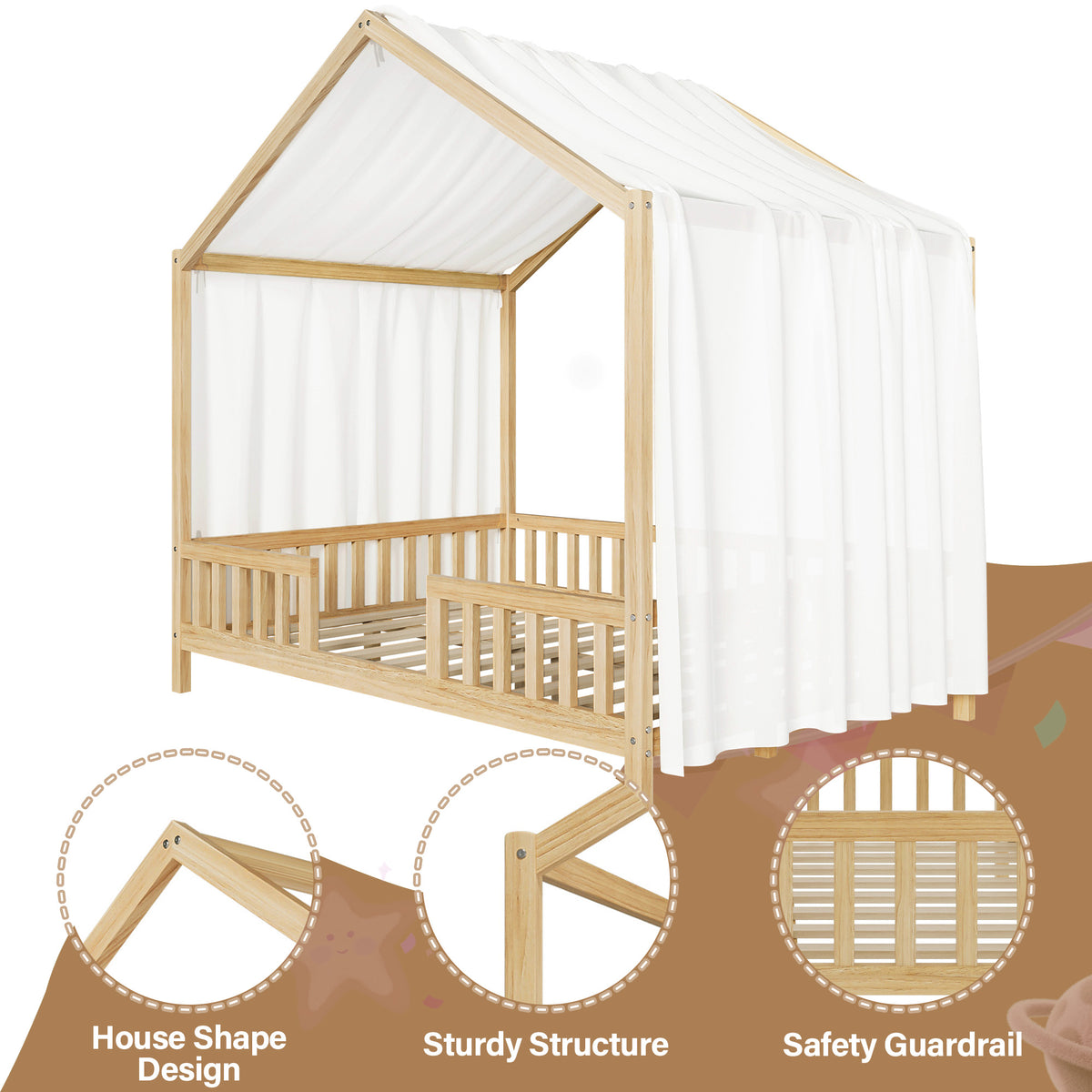 variant-group:rf-n733p356048m|Roomfitters Full Montessori Floor Bed with Canopy, House Shape Wood Frame with Safety Rails, Platform Bed, Natural