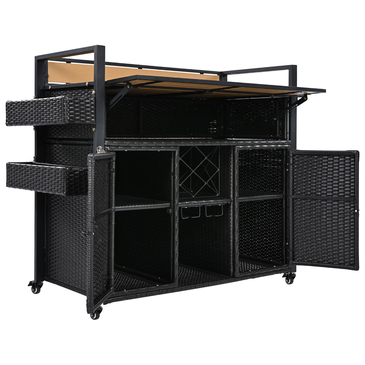 variant-group:rf-n707p233747b|Roomfitters 52.8" Wicker Outdoor Grill Cart with Plastic Wood Table, Rolling Island with Storage Cabinet, Double Handles, Black Brown