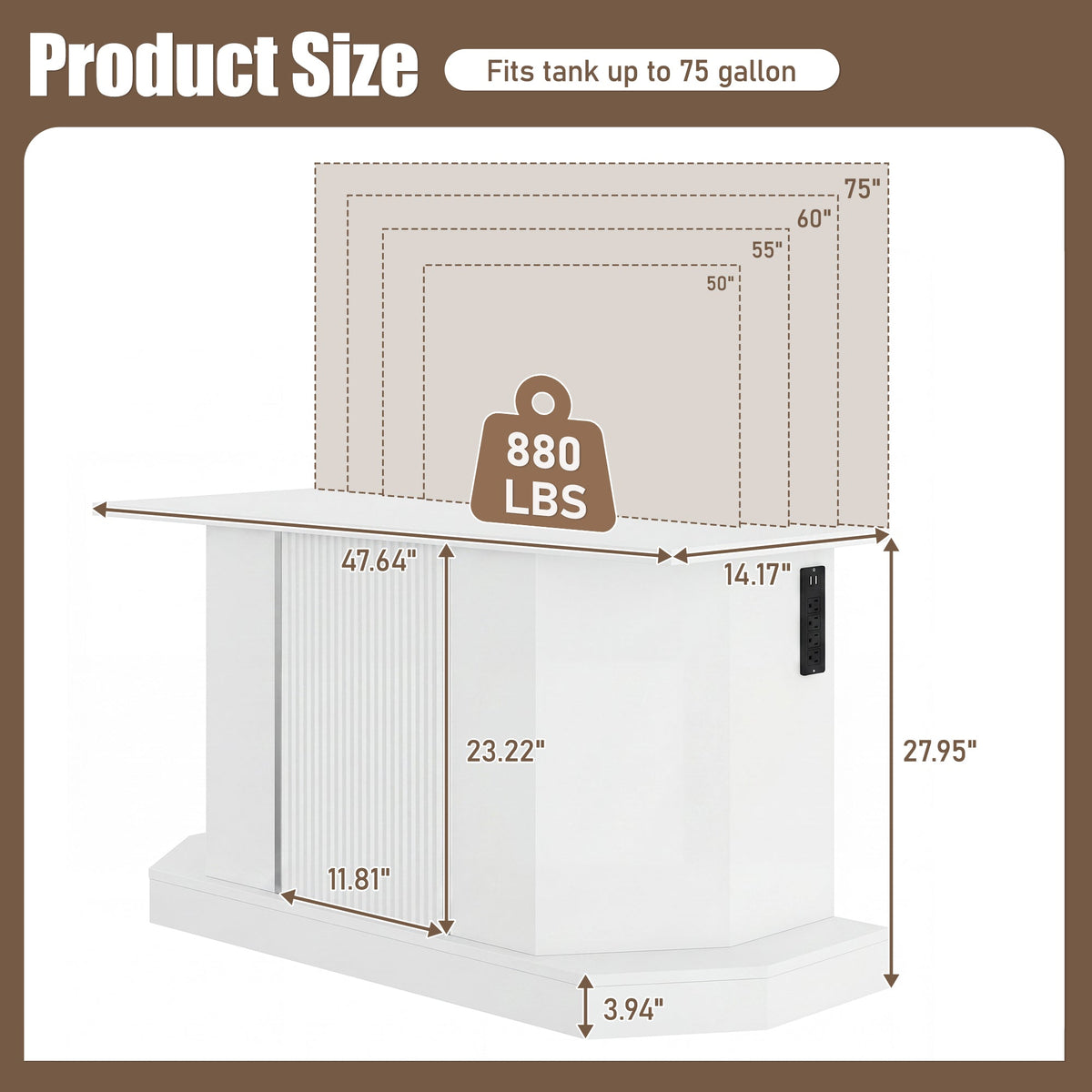 Roomfitters Modern 55-75 Gallon Heavy Duty Aquarium Stand with Moisture Resistant Cabinet Storage White Roomfitters
