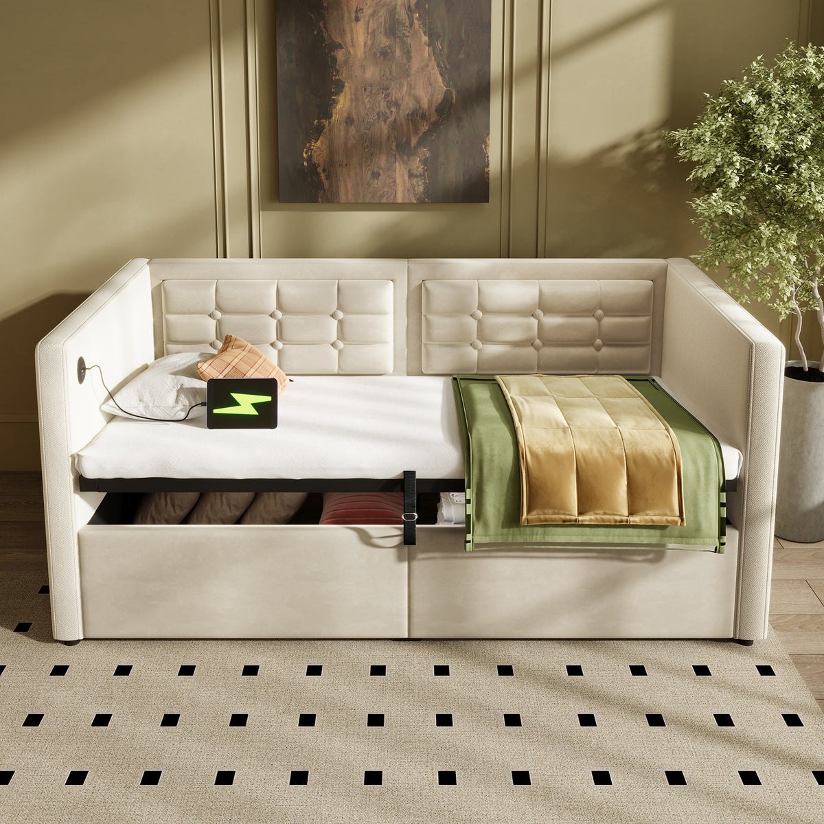 variant-group:rf-n736p303402b|Roomfitters Upholstered Twin Size Daybed with Storage, USB & Type-C Charging, Tufted Sofa Back, Velvet Beige