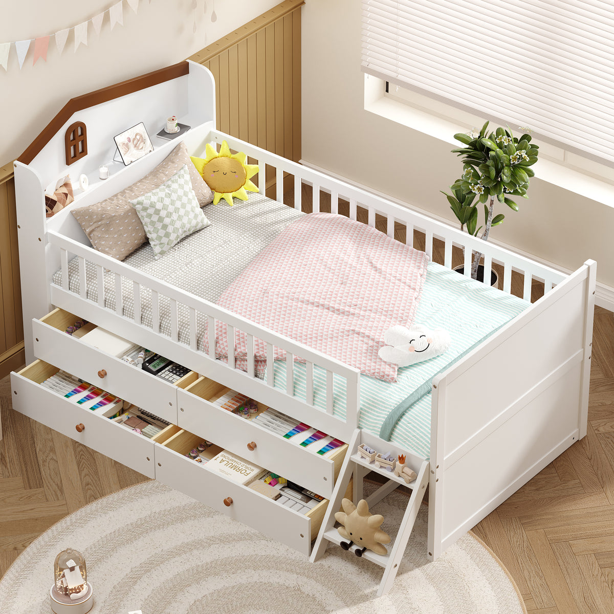 variant-group:rf-n733s278032k|Roomfitters Twin Platform Bed Frame with Four Drawers, Wooden Kids Bed with Guardrail Headboard and Ladder, White