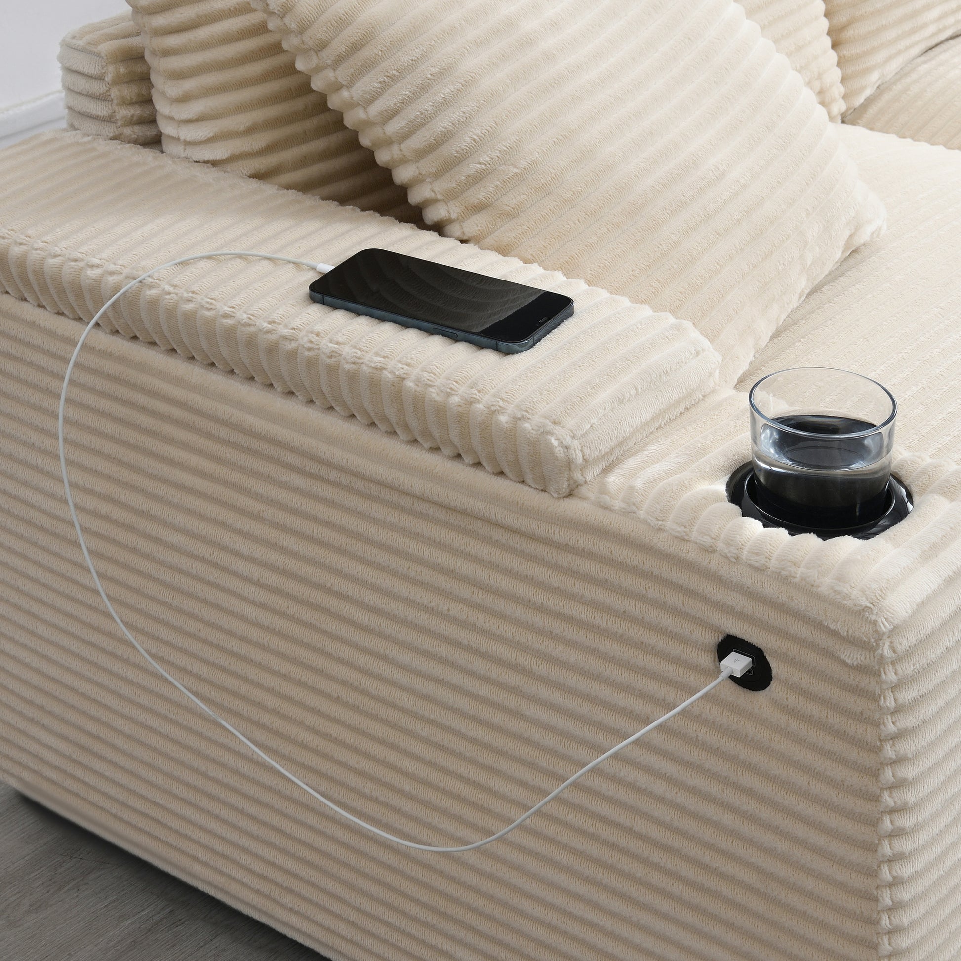 variant-group:rf-n723s1187a|Roomfitters 104 Inch Modern L-Shaped Sectional Sofa with Cup Holders, Comfortable Corduroy Upholstered Corner Couch, Beige