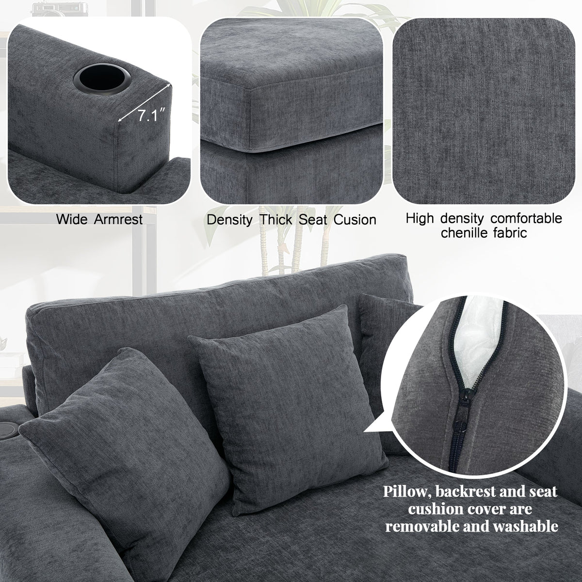 Roomfitters Oversized Chaise Lounger Sofa Couch, Upholstered Accent Chair Charge Station Cup Holders, Blue Gray
