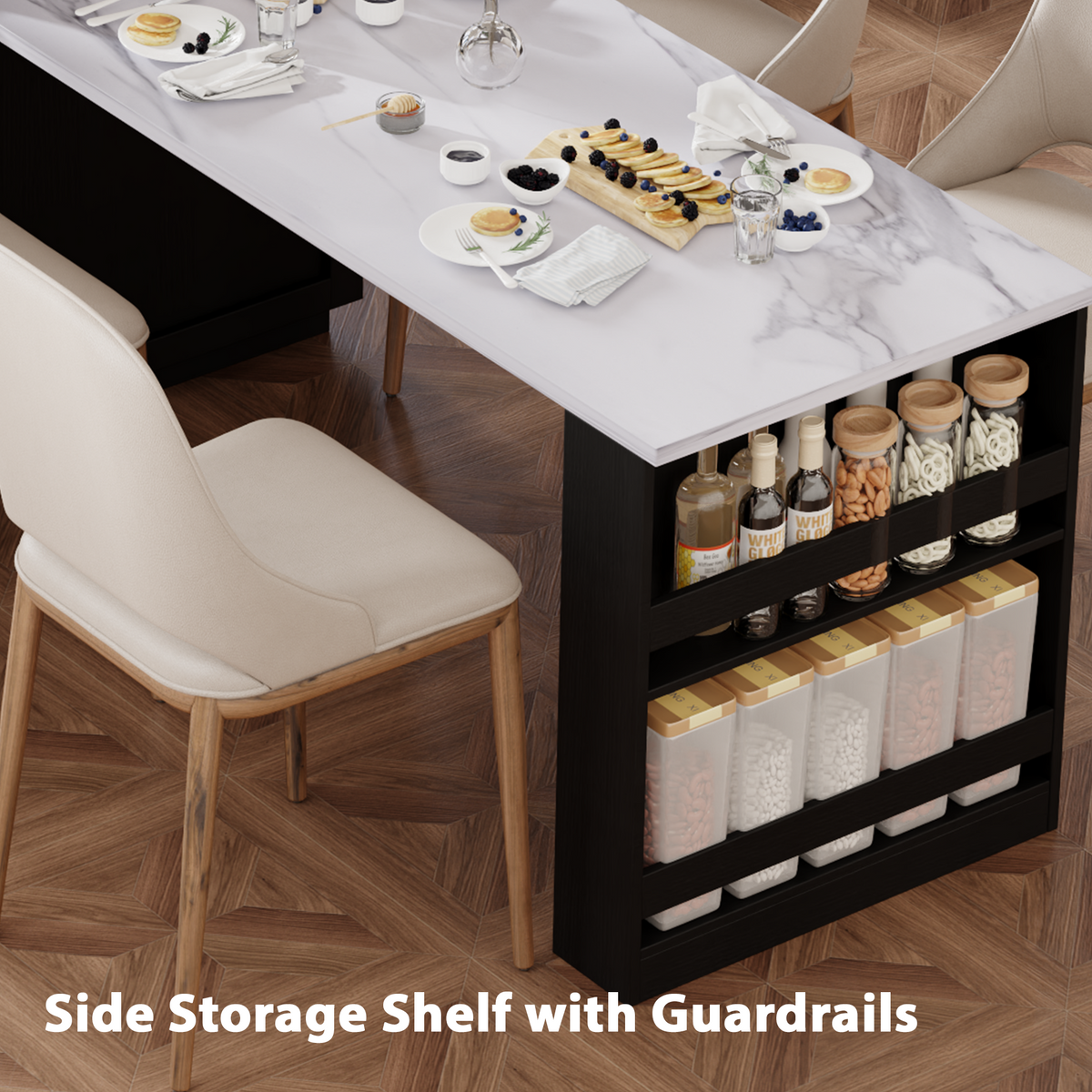 variant-group:rf-n707s000010b|Roomfitters 82.7" Kitchen Island with Extendable Table, Faux Marble Top, Double Storage, Power Outlet, Black