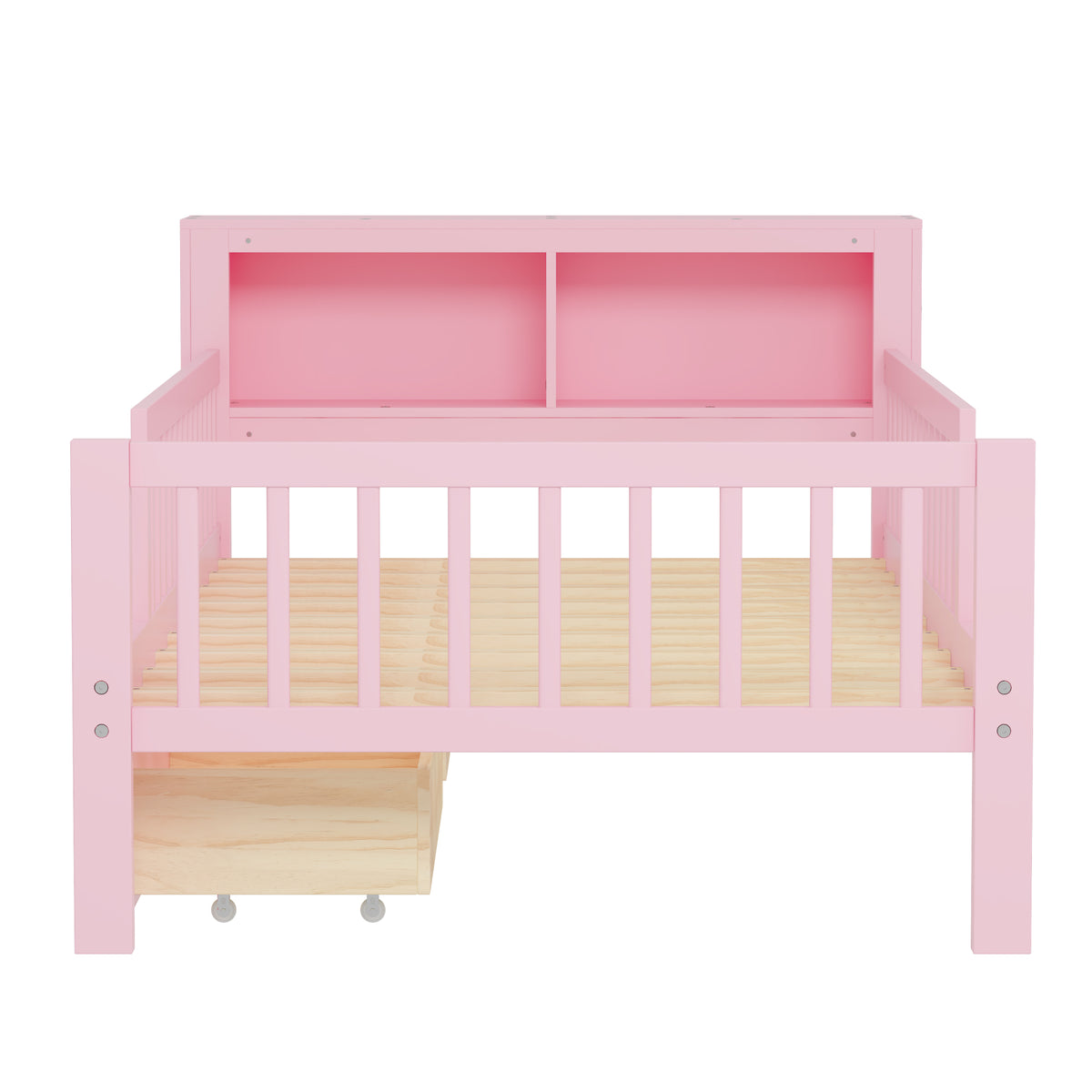 variant-group:rf-n733p272374h|Roomfitters Twin Bed with Headboard Storage Rack, Under-Bed Storage and Three-Side Guardrails, Pink