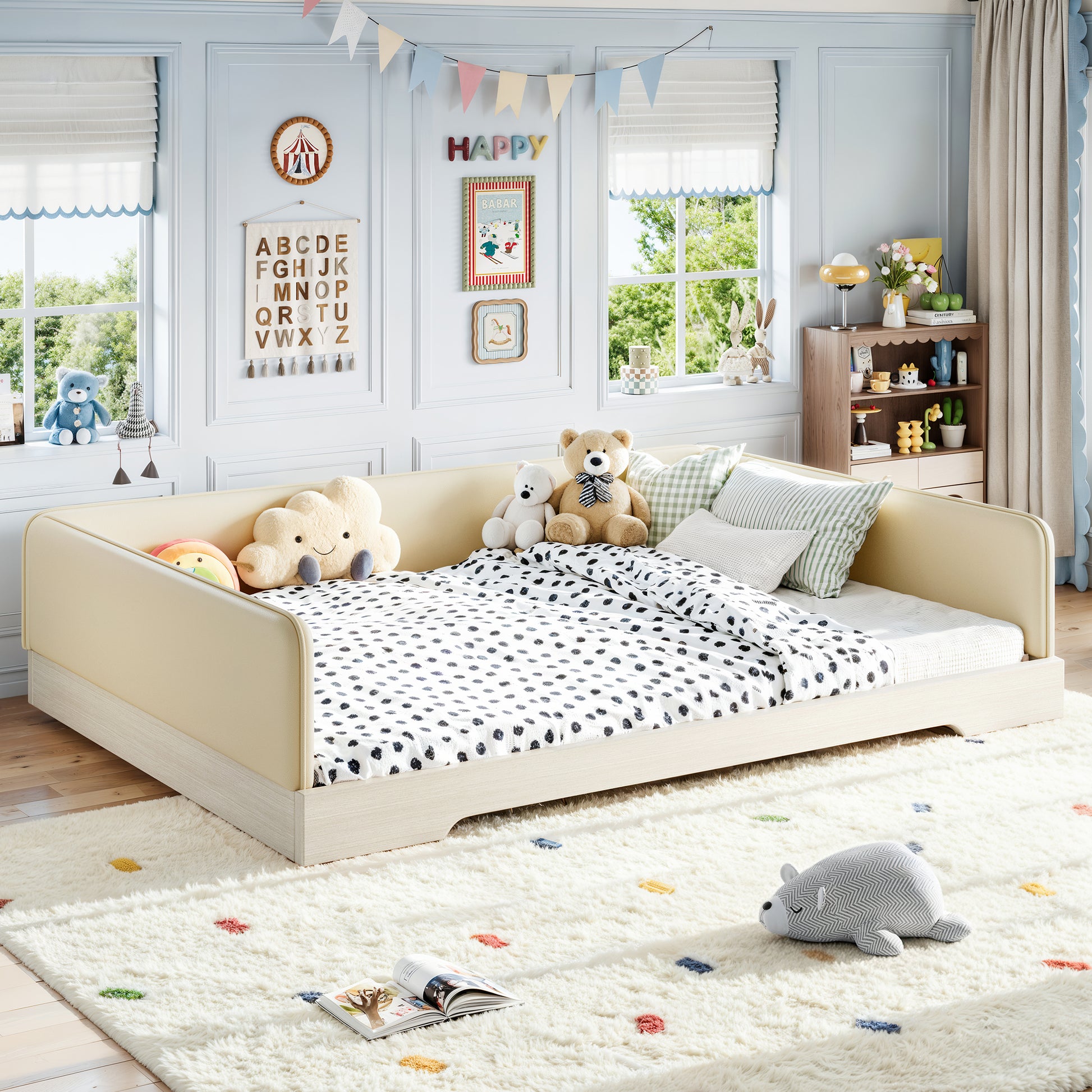 variant-group:rf-w1580s00673|Roomfitters Queen Size Upholstered Floor Bed Frame with Removable Guardrails, Faux Leather Low Profile Platform, Beige