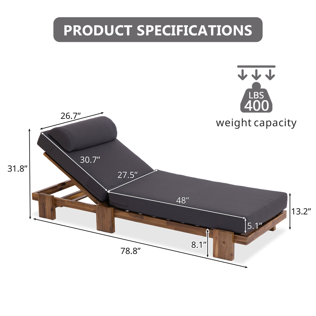 variant-group:rf-n711wy000473aae|Roomfitters 78.8" Outdoor Patio Chaise Lounge Chair with Adjustable Backrest and Side Table for Poolside & Garden, Dark Gray