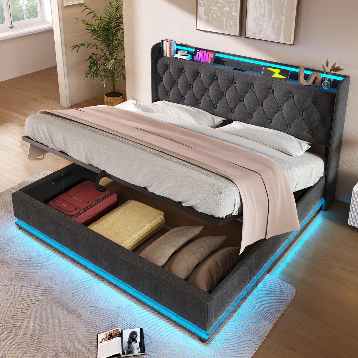 variant-group:rf-n736p188808g|Roomfitters King Size Upholstered Storage Bed with USB Type-C Charging and Remote Control, Linen Gray