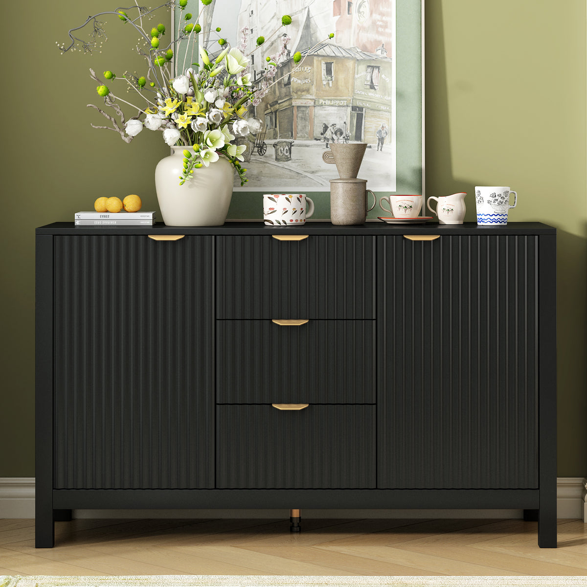 variant-group:rf-n711p269066b|Roomfitters Sideboard Buffet Cabinet with 3 Drawers, Mid-century Modern Fluted Accent Storage for Kitchen & Dining, Black