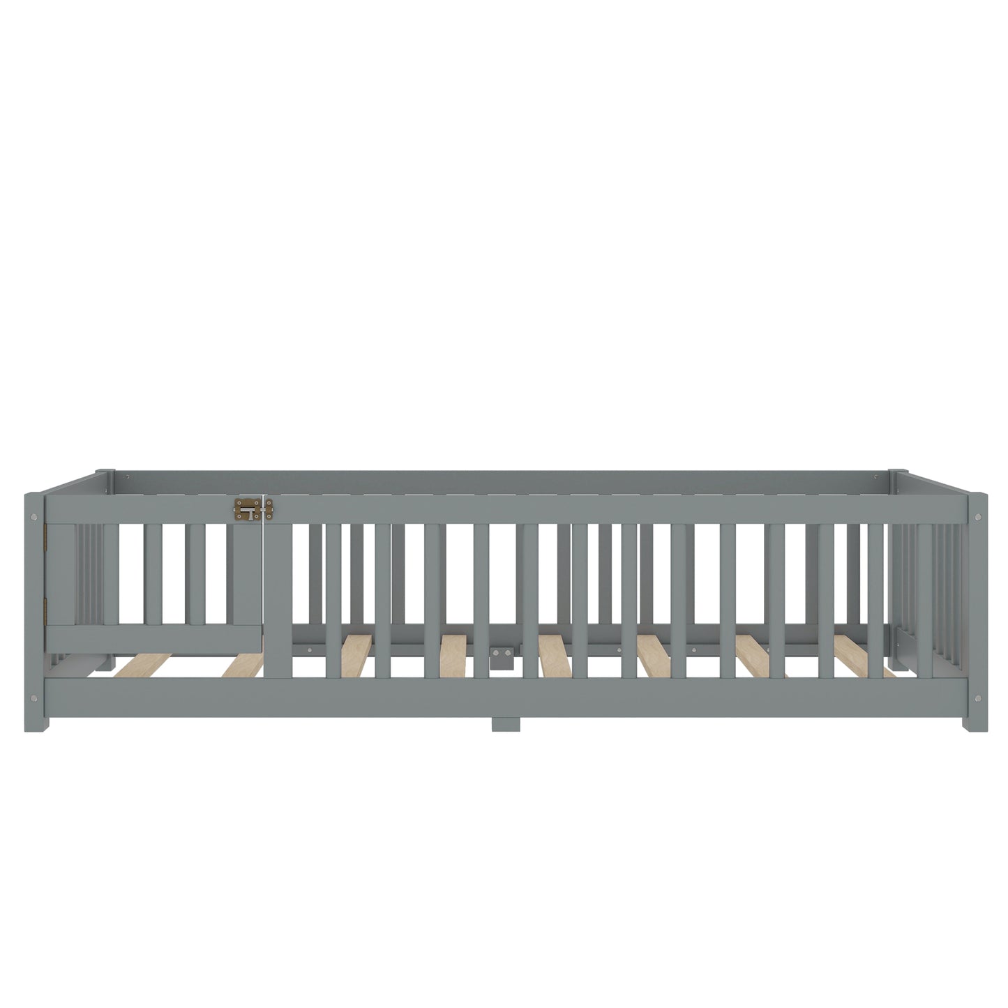 variant-group:rf-w1580p338948|Roomfitters Wooden Twin Floor Bed Frame with Door & Safety Guardrails, Low Platform Design for Bedroom or Playroom, Gray