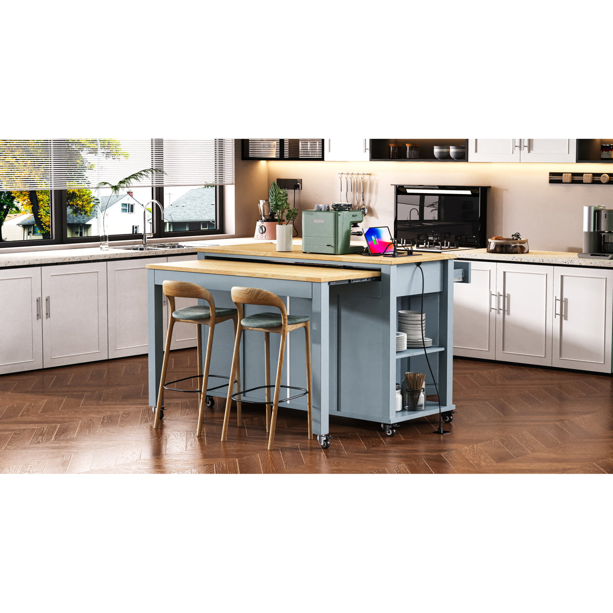 variant-group:rf-n707p215327g|Roomfitters 47" Kitchen Island with Extendable Dining Table, Storage Cabinet, Power Outlet, Rubber Wood Veneer, Grey Blue