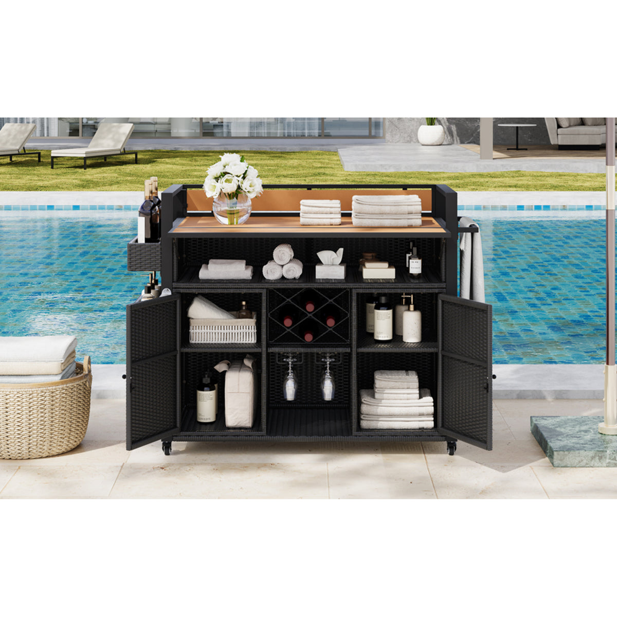 variant-group:rf-n707p233747b|Roomfitters 52.8" Wicker Outdoor Grill Cart with Plastic Wood Table, Rolling Island with Storage Cabinet, Double Handles, Black Brown