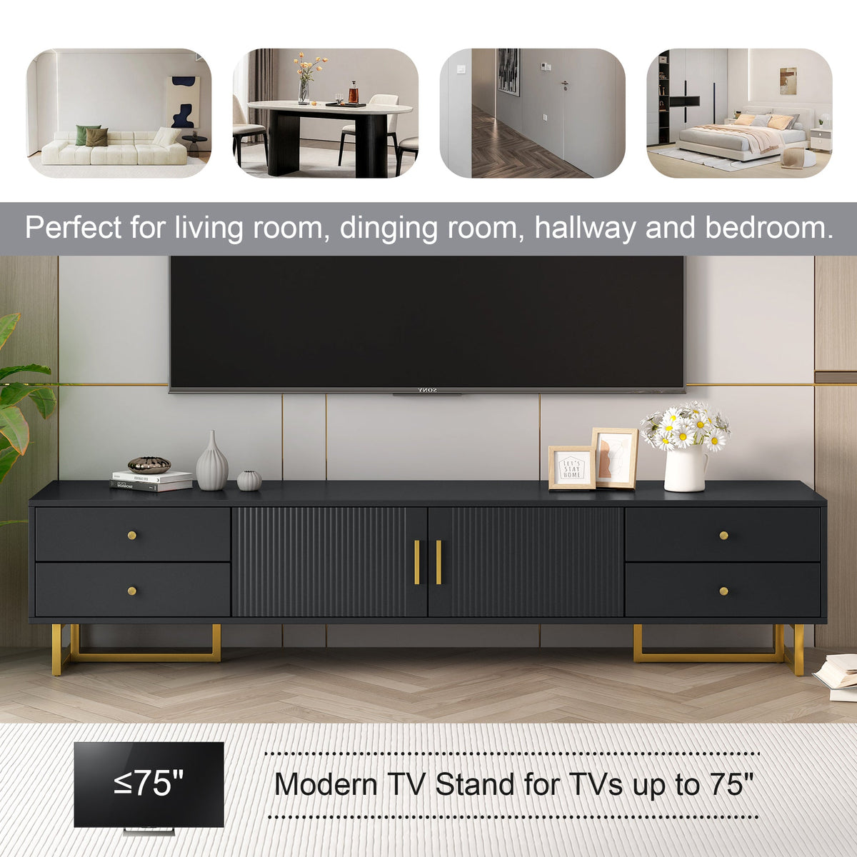 Roomfitters Modern TV Stand for 65 Inch TV and Above, Entertainment Console Cabinet with Storage Compartments, Black Roomfitters
