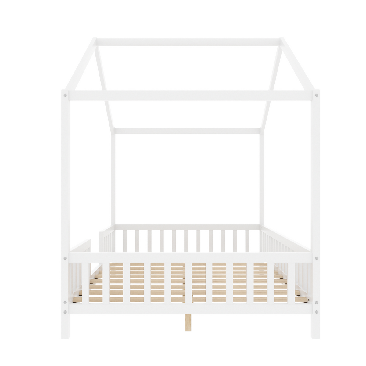 variant-group:rf-n733p356048k|Roomfitters Full Montessori Floor Bed with Canopy, House Shape Wood Frame with Safety Rails, Platform Bed, White