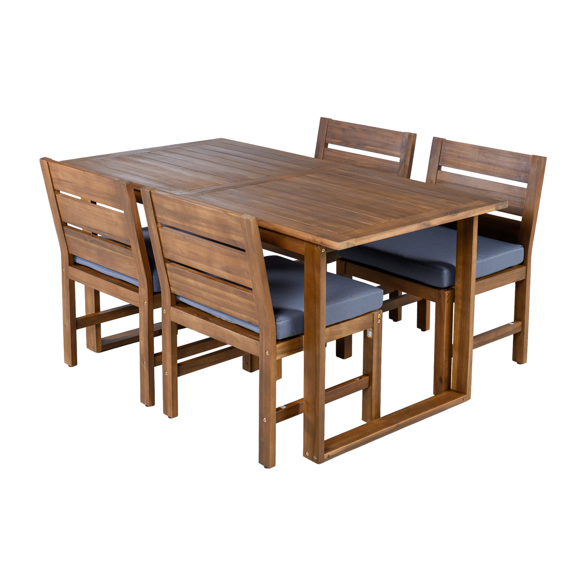 variant-group:rf-n711wy000497aae|Roomfitters Farmhouse 5-Piece Outdoor Dining Set for 4, Acacia Wood Table and Chair Pack, Brown and Grey Slatted