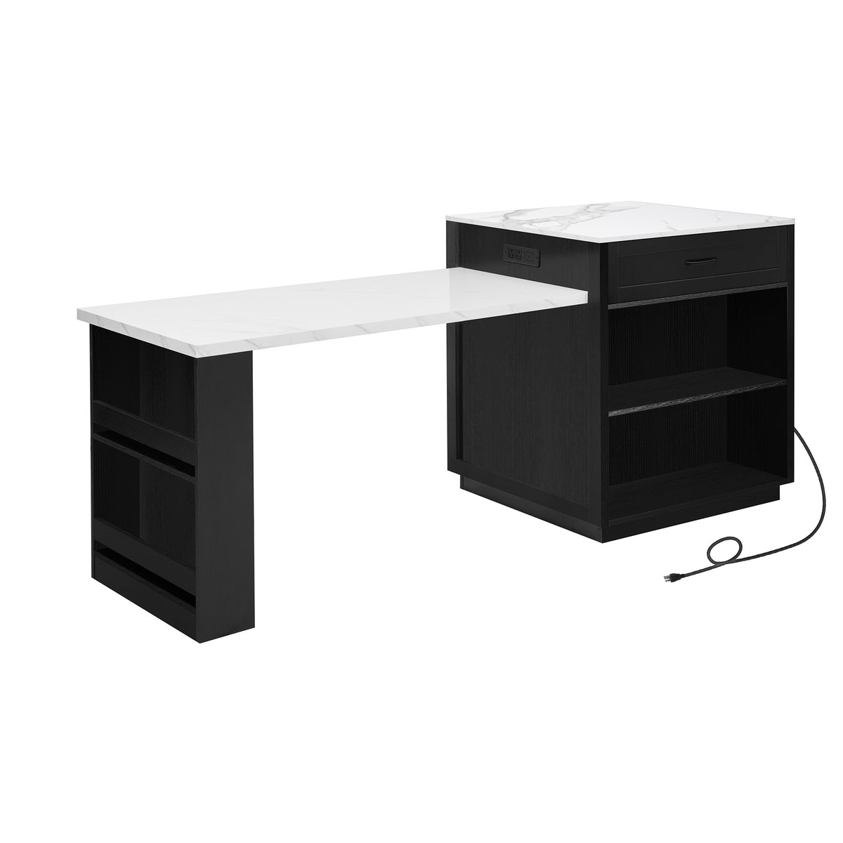 variant-group:rf-n707s000010b|Roomfitters 82.7" Kitchen Island with Extendable Table, Faux Marble Top, Double Storage, Power Outlet, Black