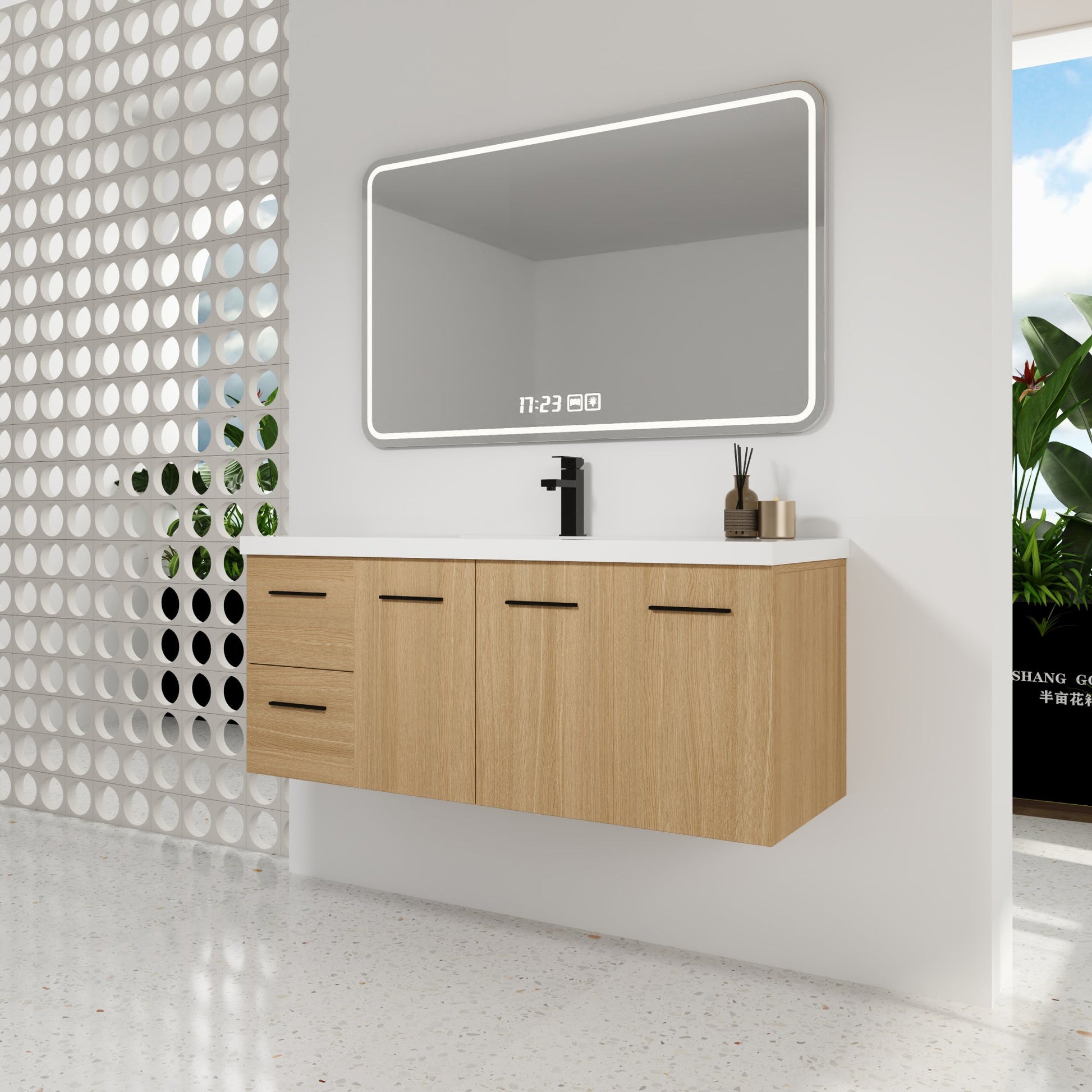 48" Light Oak Floating Bathroom Vanity with Sink, Modular 3-Piece Cabinet (2-Door + 1-Door + 2-Drawer), Gel-Coat Integrated Sink Top, Wall-Mounted, 4 Packages Roomfitters