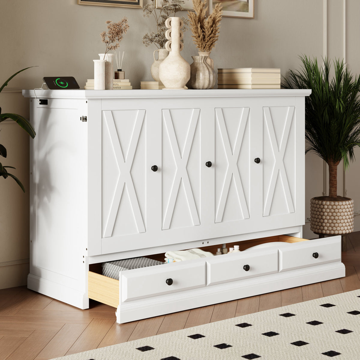 variant-group:rf-n701bs701p170501k|Roomfitters Full Size Murphy Bed Cabinet with Charging Station and Storage Drawer, Freestanding Fold Out Guest Bed, White