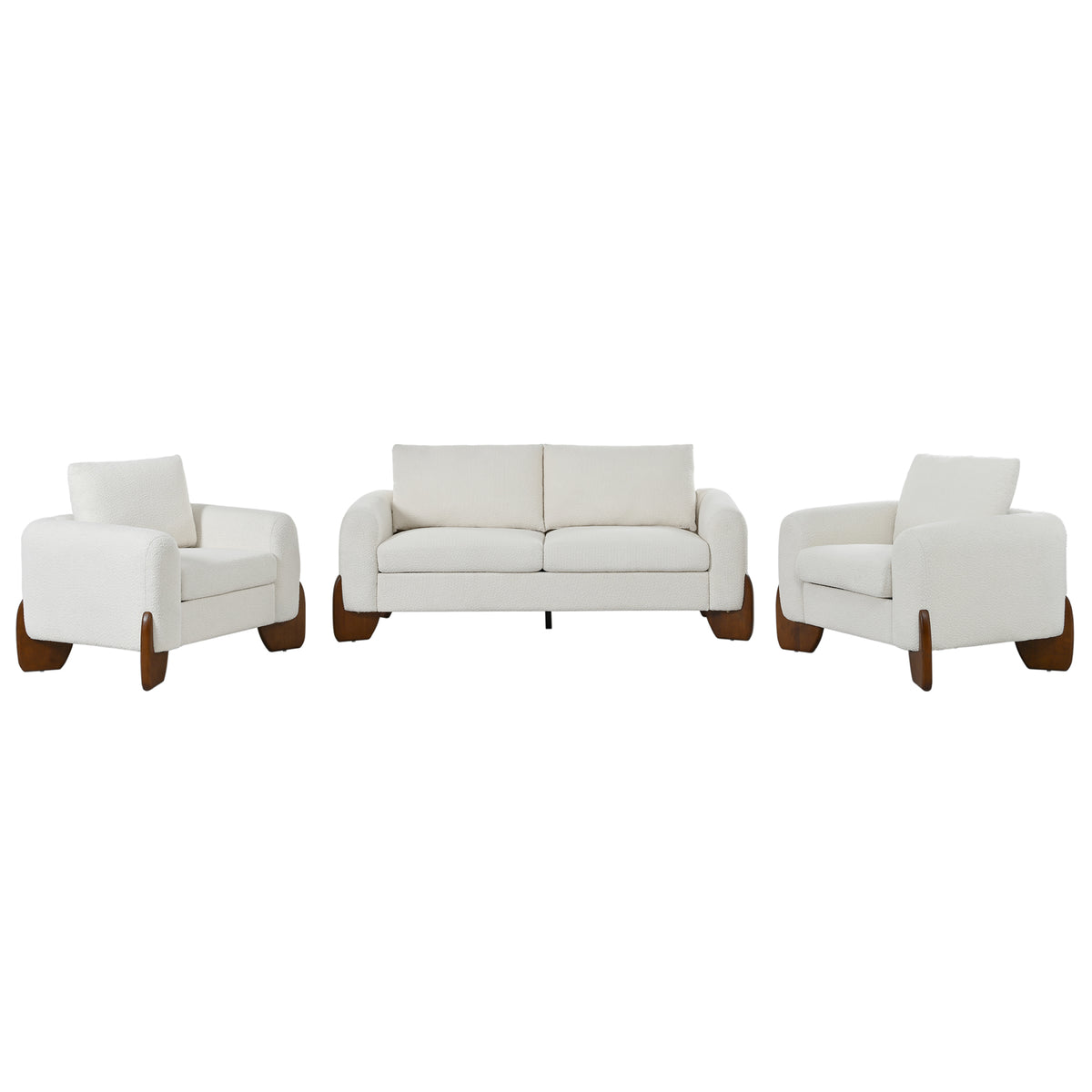 variant-group:rf-n711wy000479aaa|Roomfitters Modern 3-Piece Living Room Sofa Set, Bouclé Fabric Loveseat and 2 Armchairs Pack, Beige Pinewood Lounge