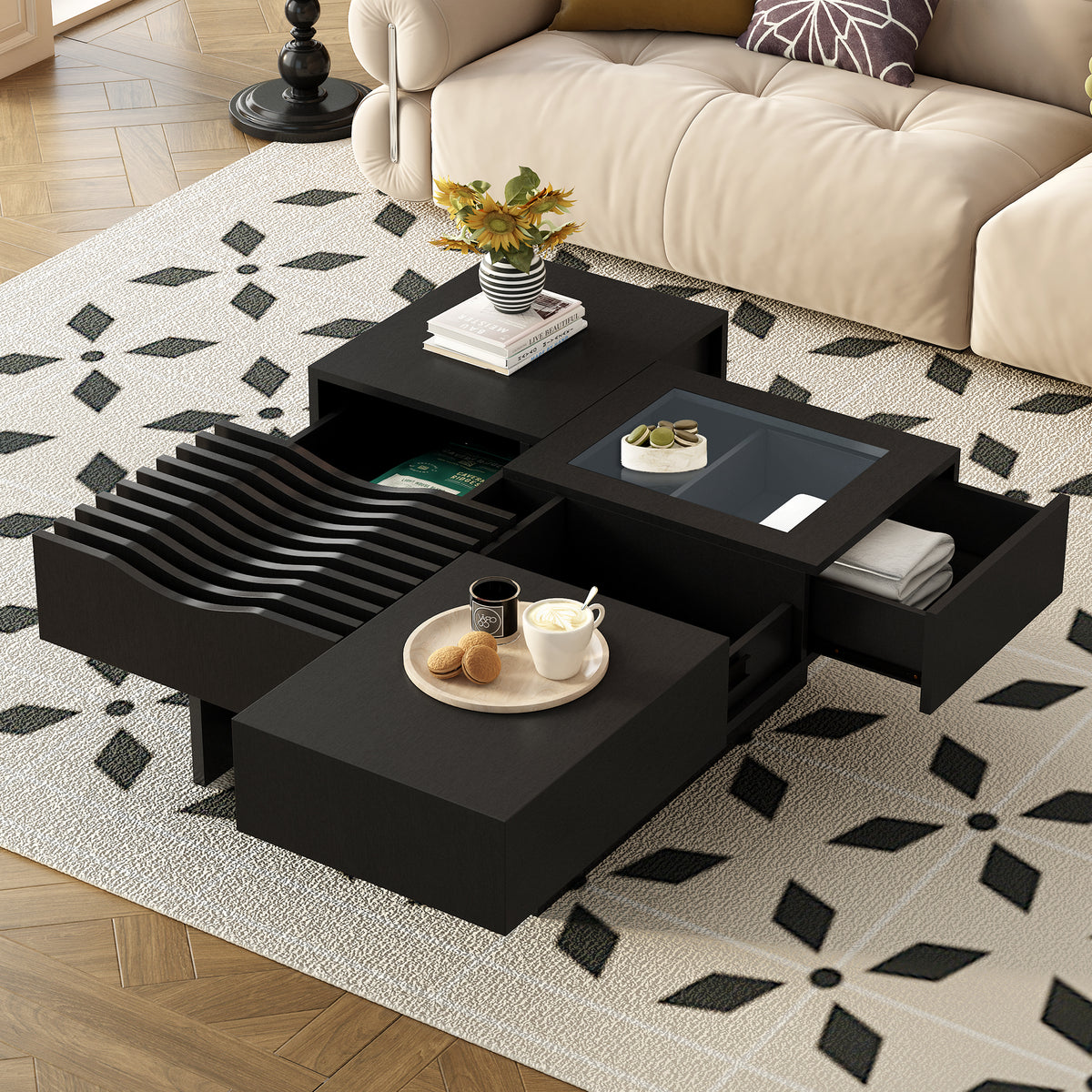 variant-group:rf-n724p270432b|Roomfitters Square Mid-Century Coffee Table with Glass Top and 3 Storage Compartments, Solid Wood Legs, Black
